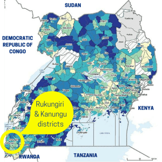 Map of Uganda showing Rukungiri and Kanungu districts in the south west corner